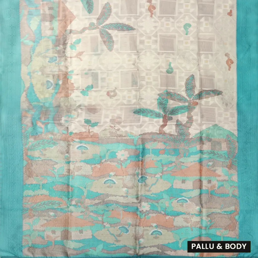 Beige with Light Blue Floral Pattern Semi Burberry Silk Saree
