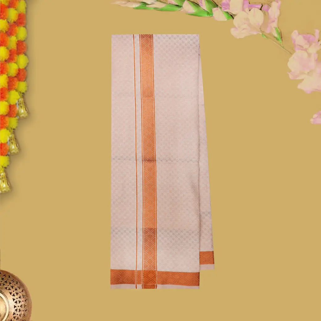 Off Red Traditional Ethnic wear Cotton Readymade Shirt and Singel Border Dhoti Set For Men
