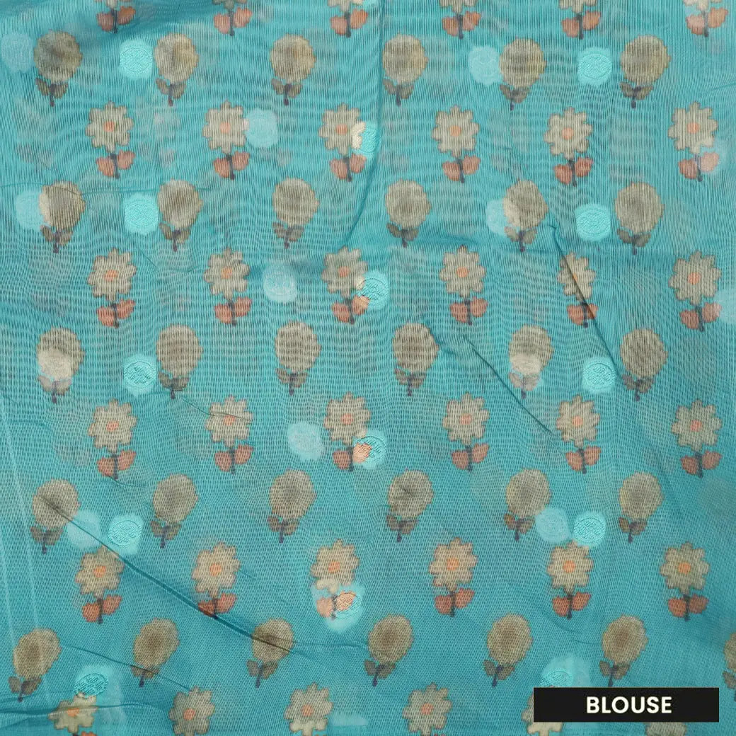 Beige with Light Blue Floral Pattern Semi Burberry Silk Saree