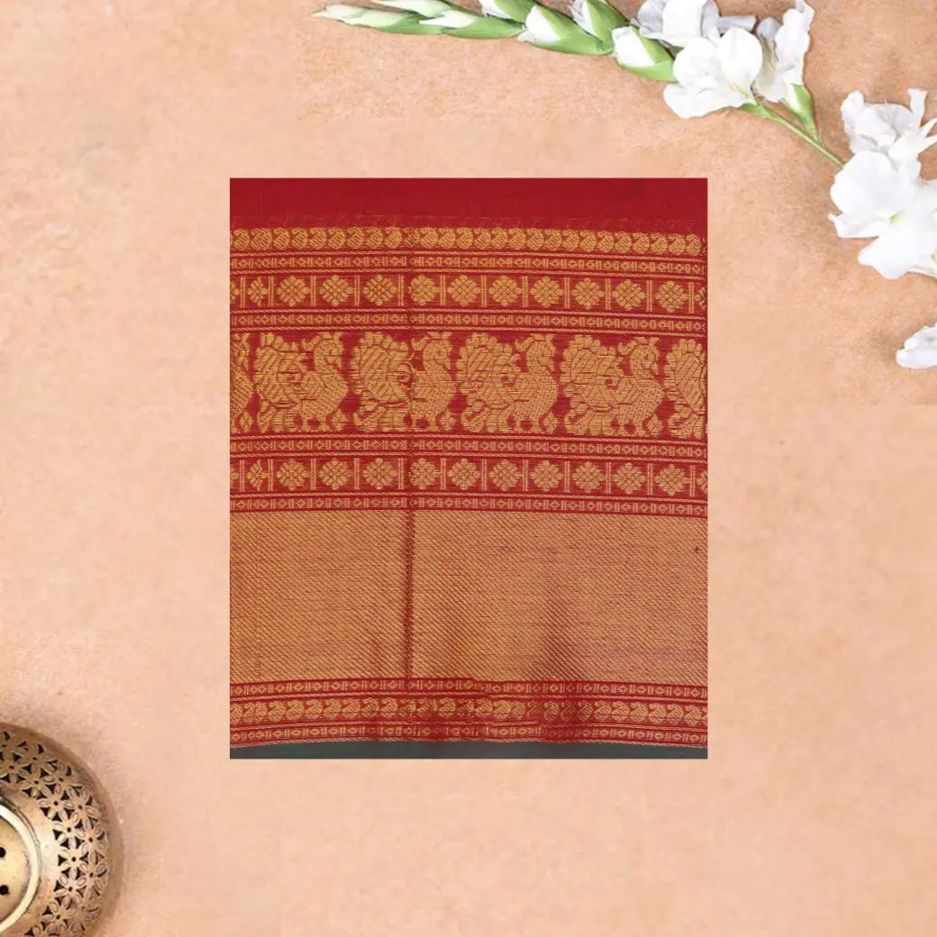 Red With Green Plain Narayanpet Cotton Saree Without Blouse