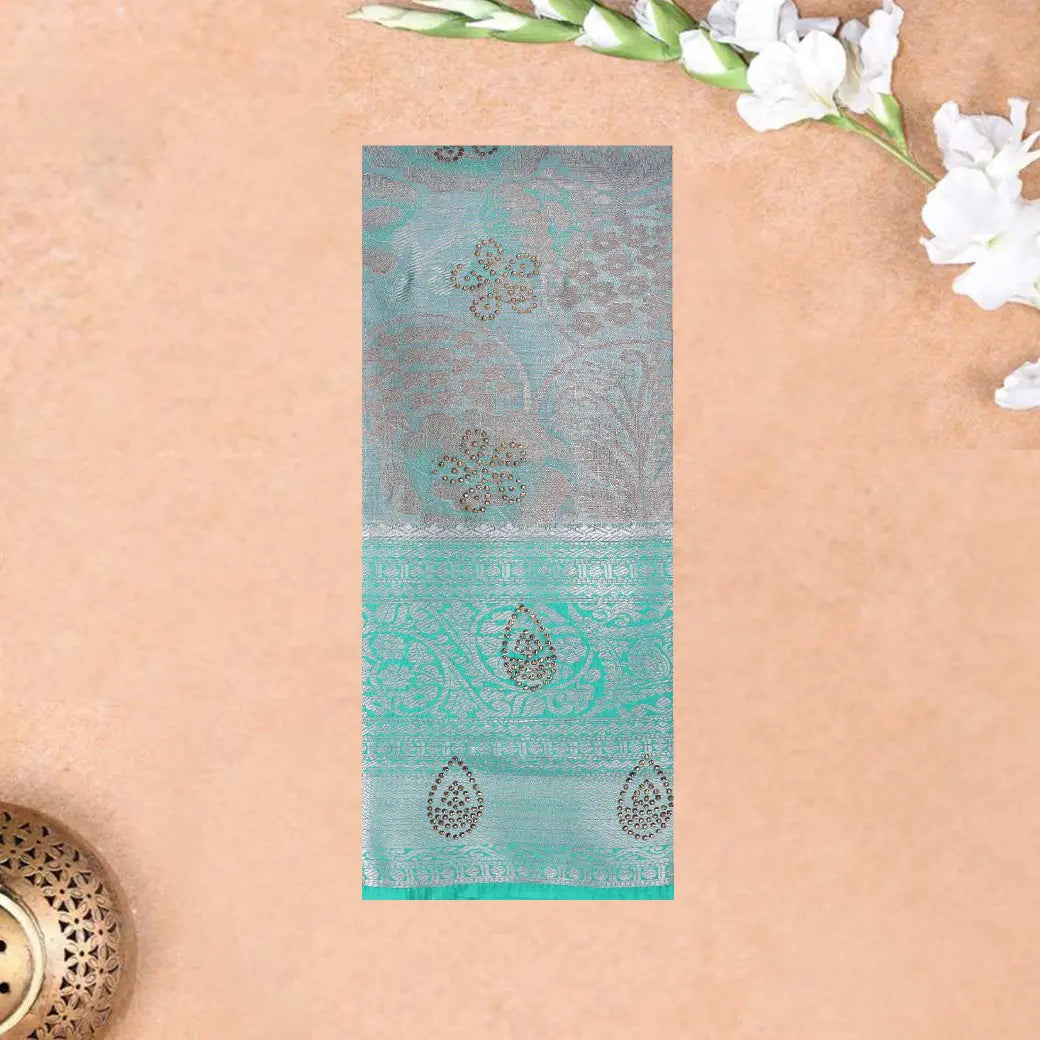 Cool Grey With Green Floral Design Tissue Silk Saree
