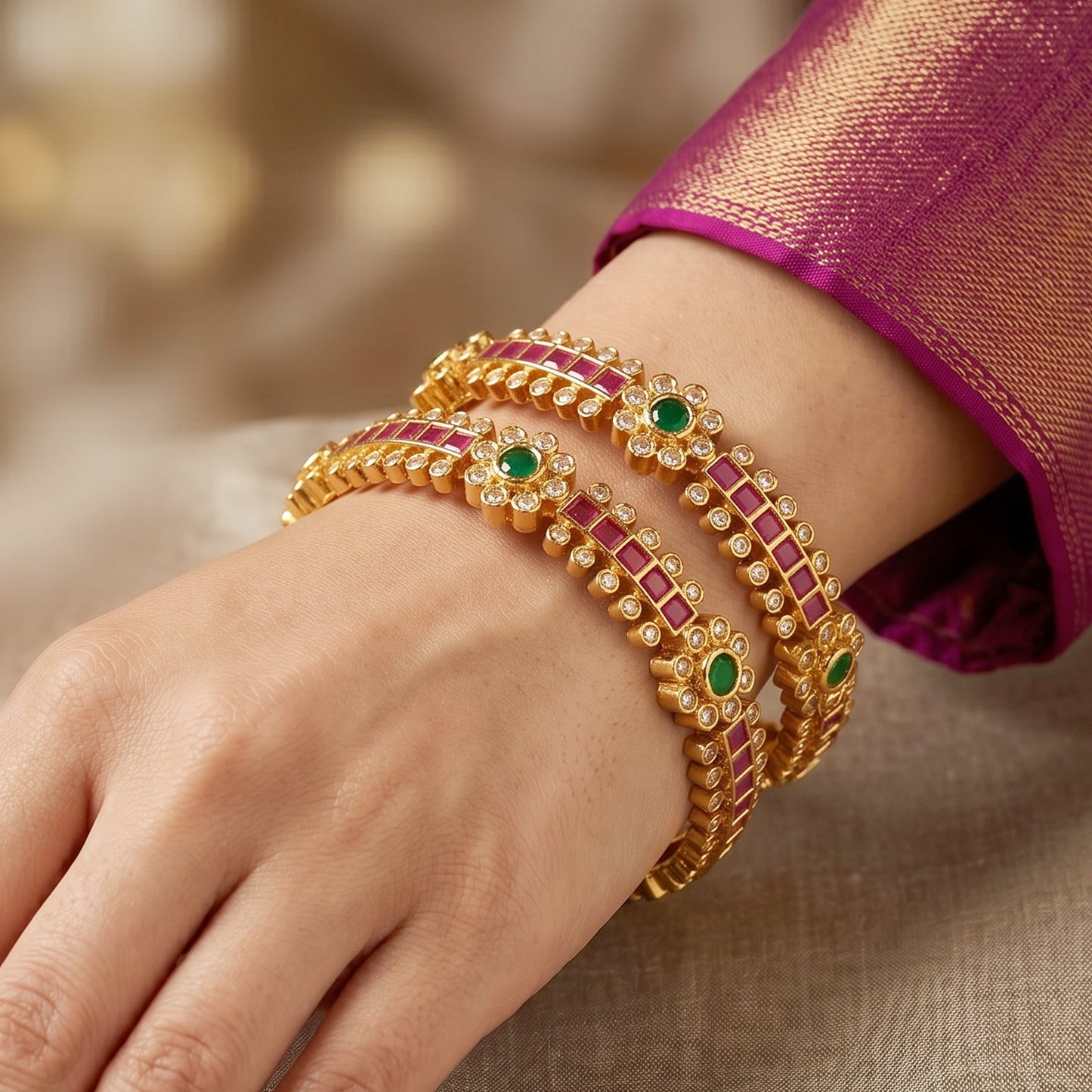 Gold-Plated Checked Rupy Stone Work bangles