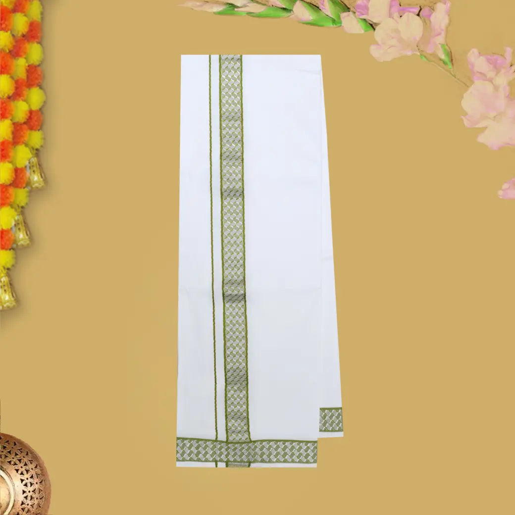 Olive green With White Cotton Readymade Shirt and Singel Matching Border Dhoti Set For Men