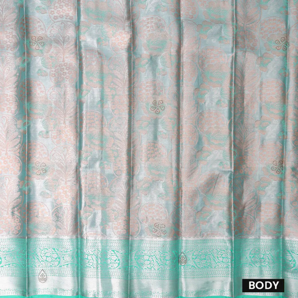 Cool Grey With Green Floral Design Tissue Silk Saree