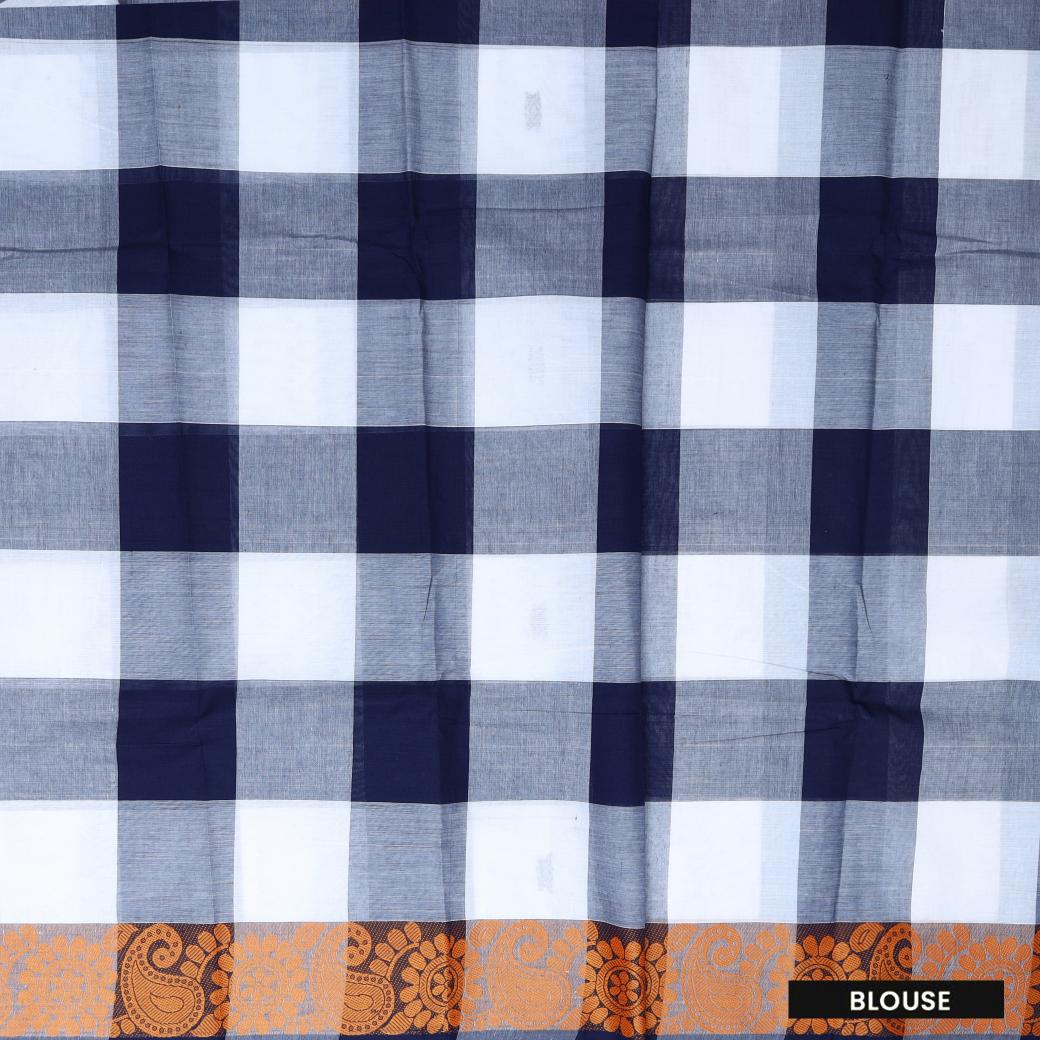 Grey With Navy Blue Checked Pure Cotton Saree