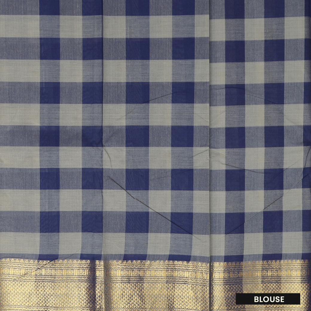Navy Blue with Grey Checked Pure Cotton Saree