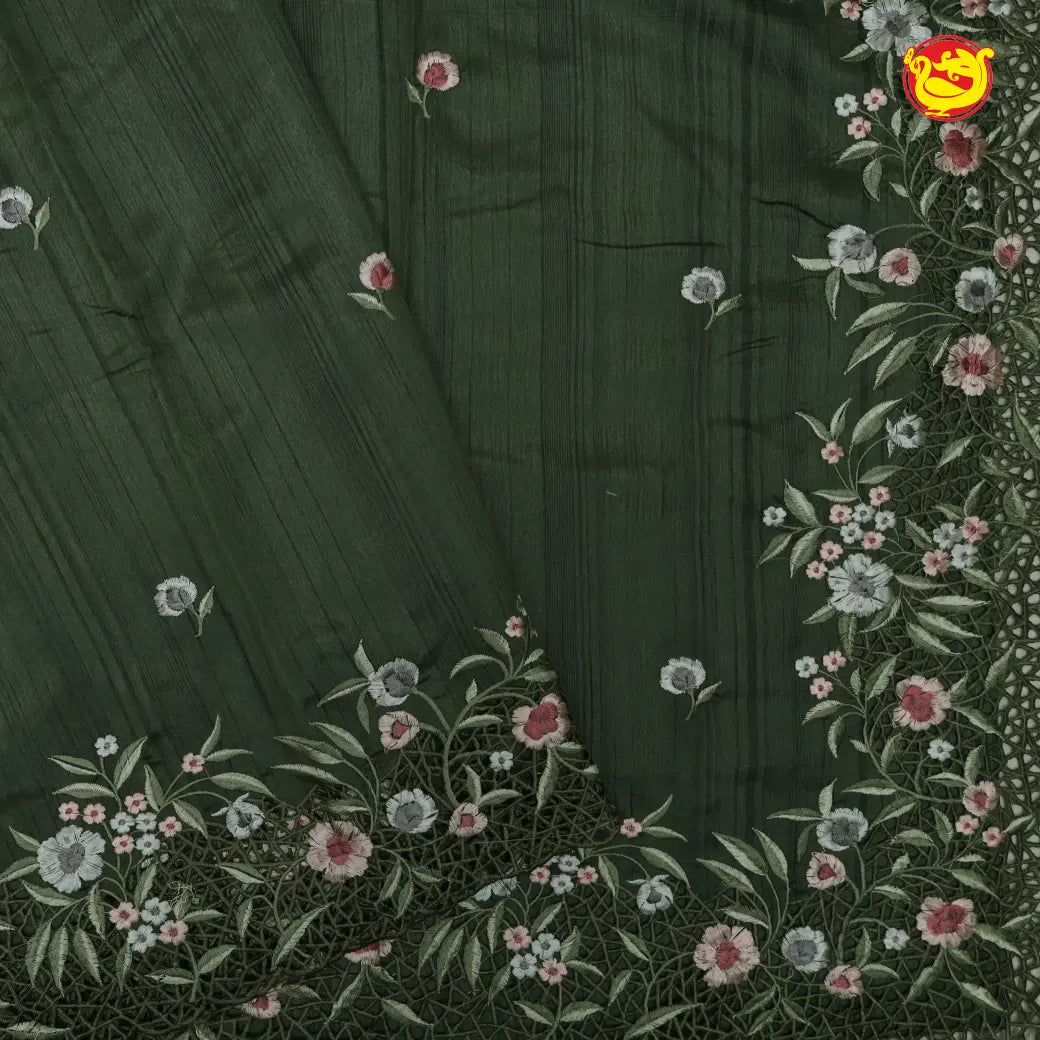 Green Embroidery border Semi Raw Silk Saree
