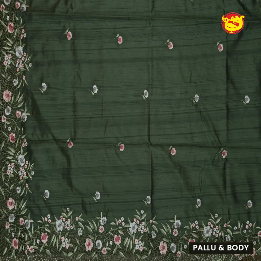 Green Embroidery border Semi Raw Silk Saree