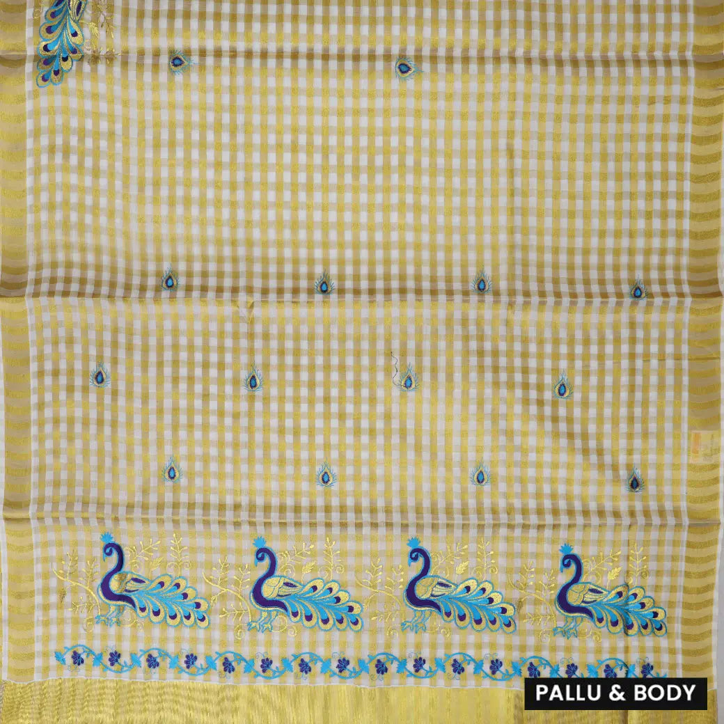 Southloom Exclusive Onam Kerala Traditional Fancy Border Peacock design Checked Cotton Saree (Matching Plain Blouse Included)