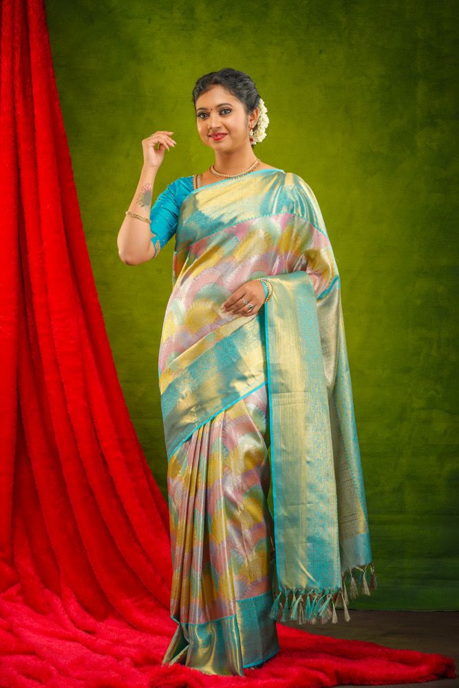 Rainbow Motifs Gold Zari Floral Pure Kanjivaram Tissue Silk Saree - Thenianantham