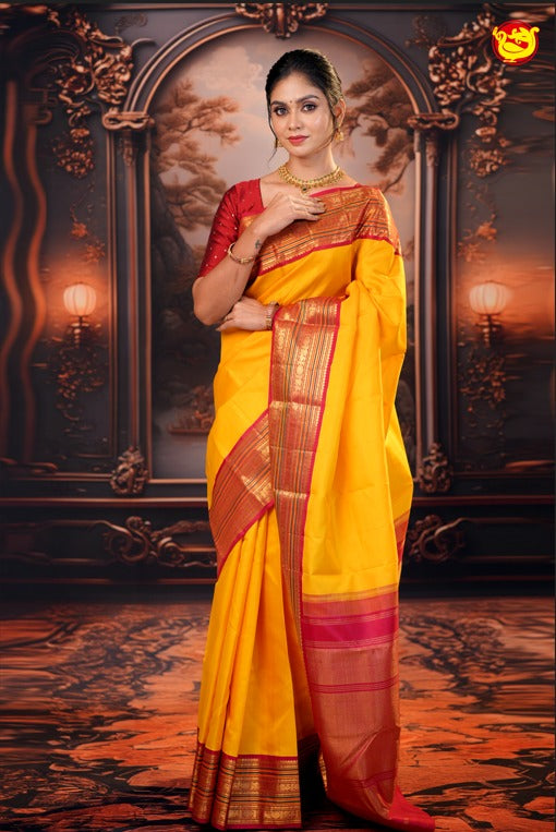 Mango Yellow with Maroon Golden Zari Border Soft Silk Saree