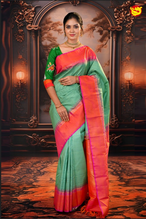 Dark Sea Foam Green with Light Orange Checked Motifs Soft Silk Saree