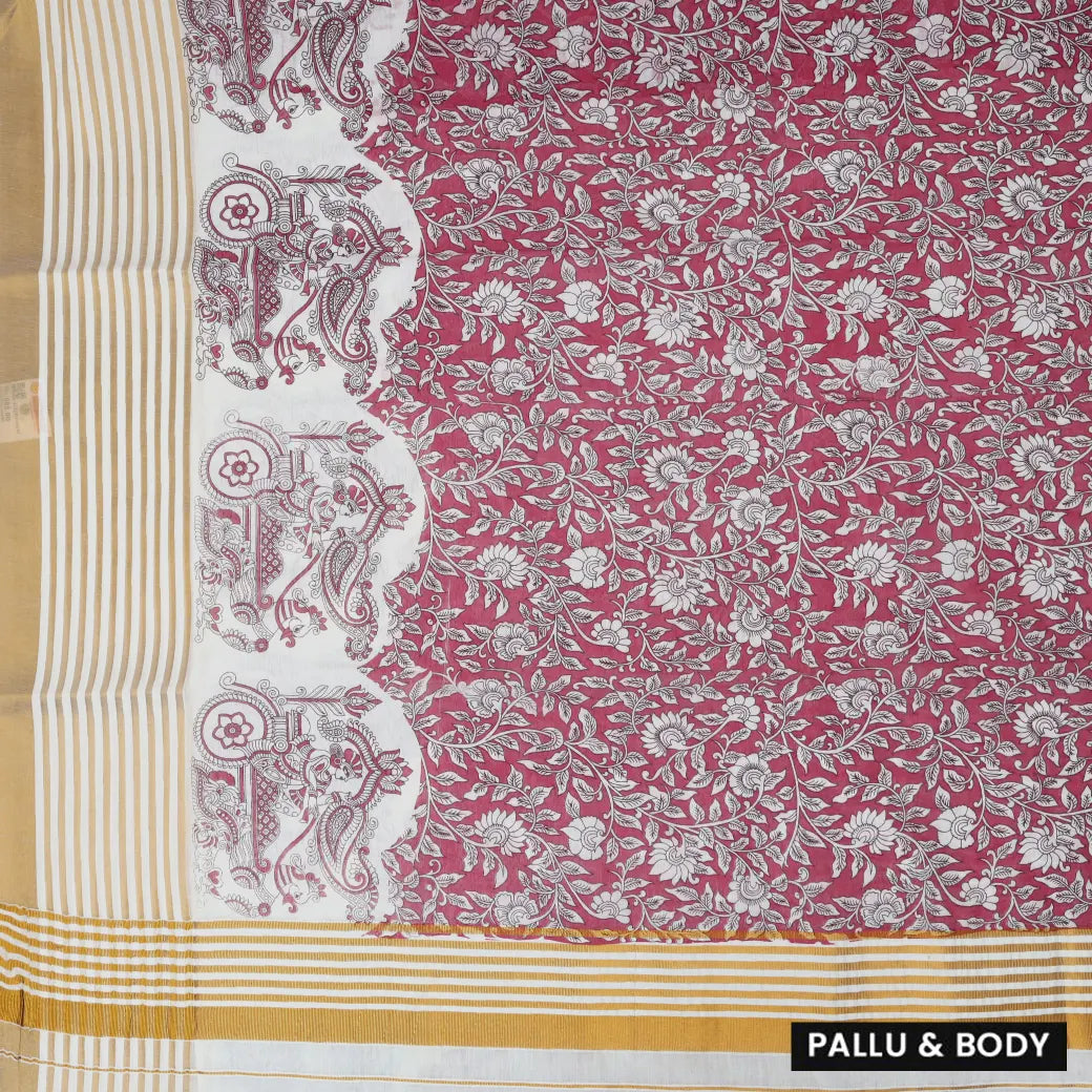 Onam Kerala Elegant semi tissue printed Traditional Fancy Border Tissue Saree (Matching Plain Blouse Included)