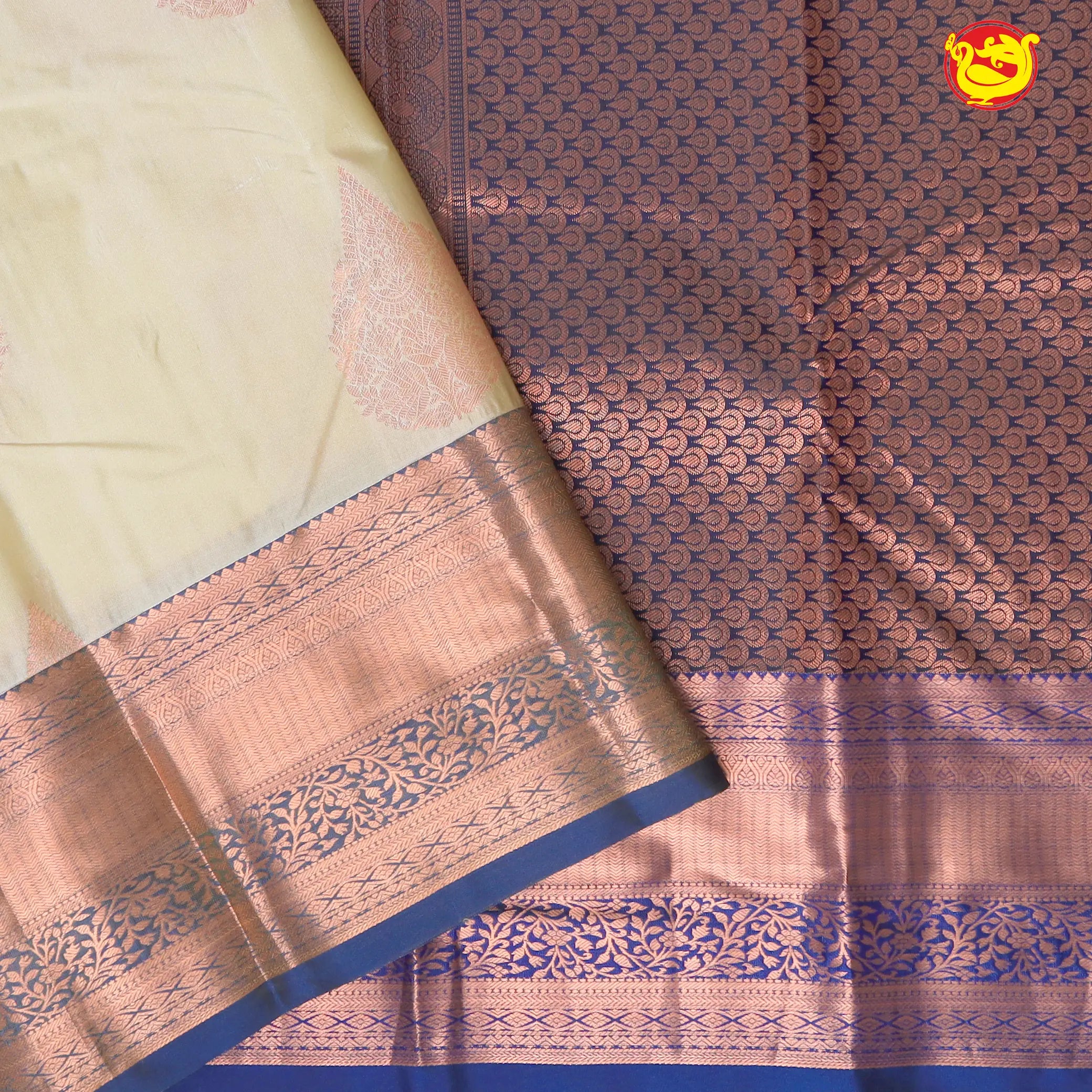 Beige with Navy blue Soft Silk Saree