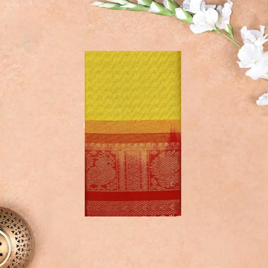 Yellow with Red Arani Silk Cotton Saree - Thenianantham
