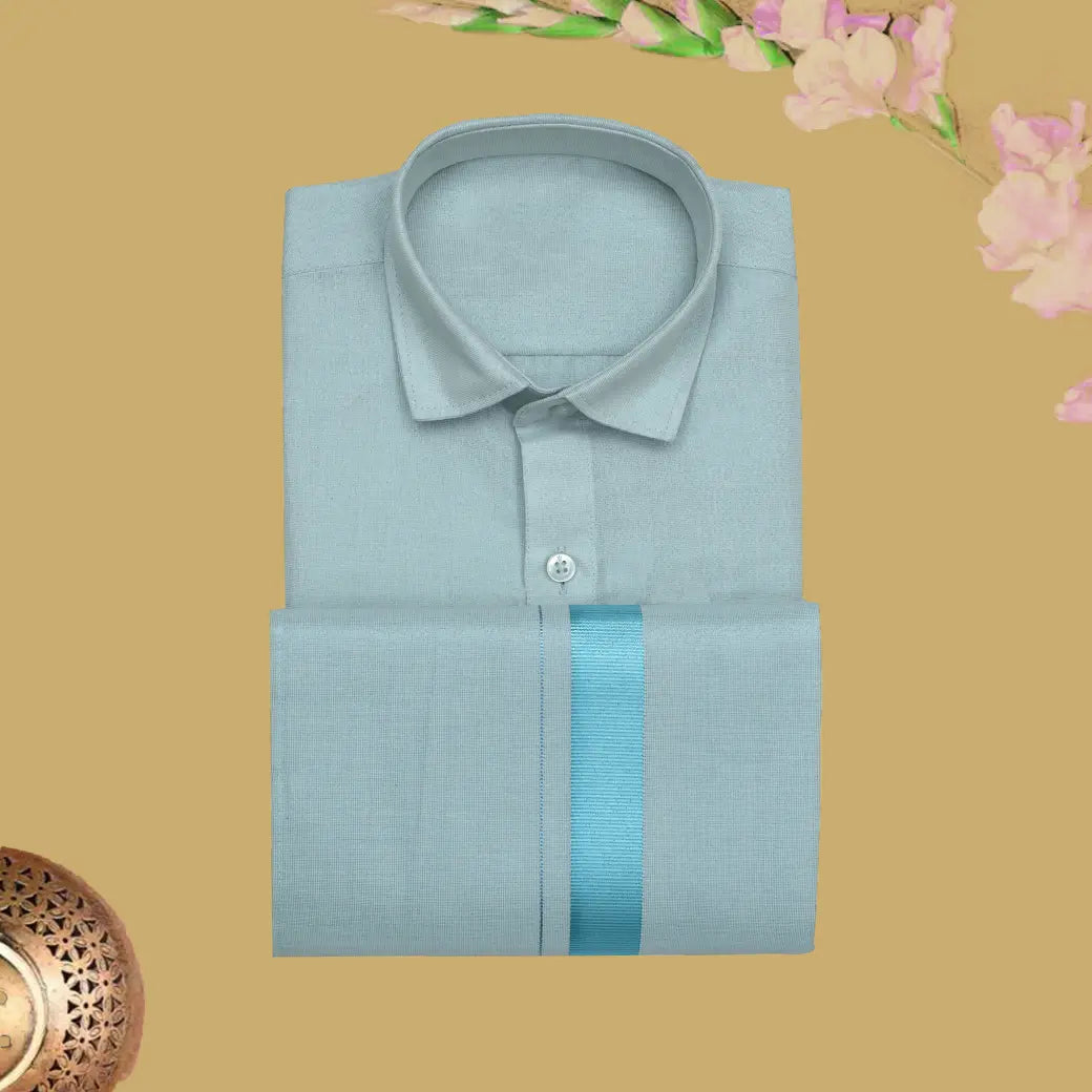 Light Cyan Sky Blue Tissue with Boy’s Readymade Shirt And Dhoti Set