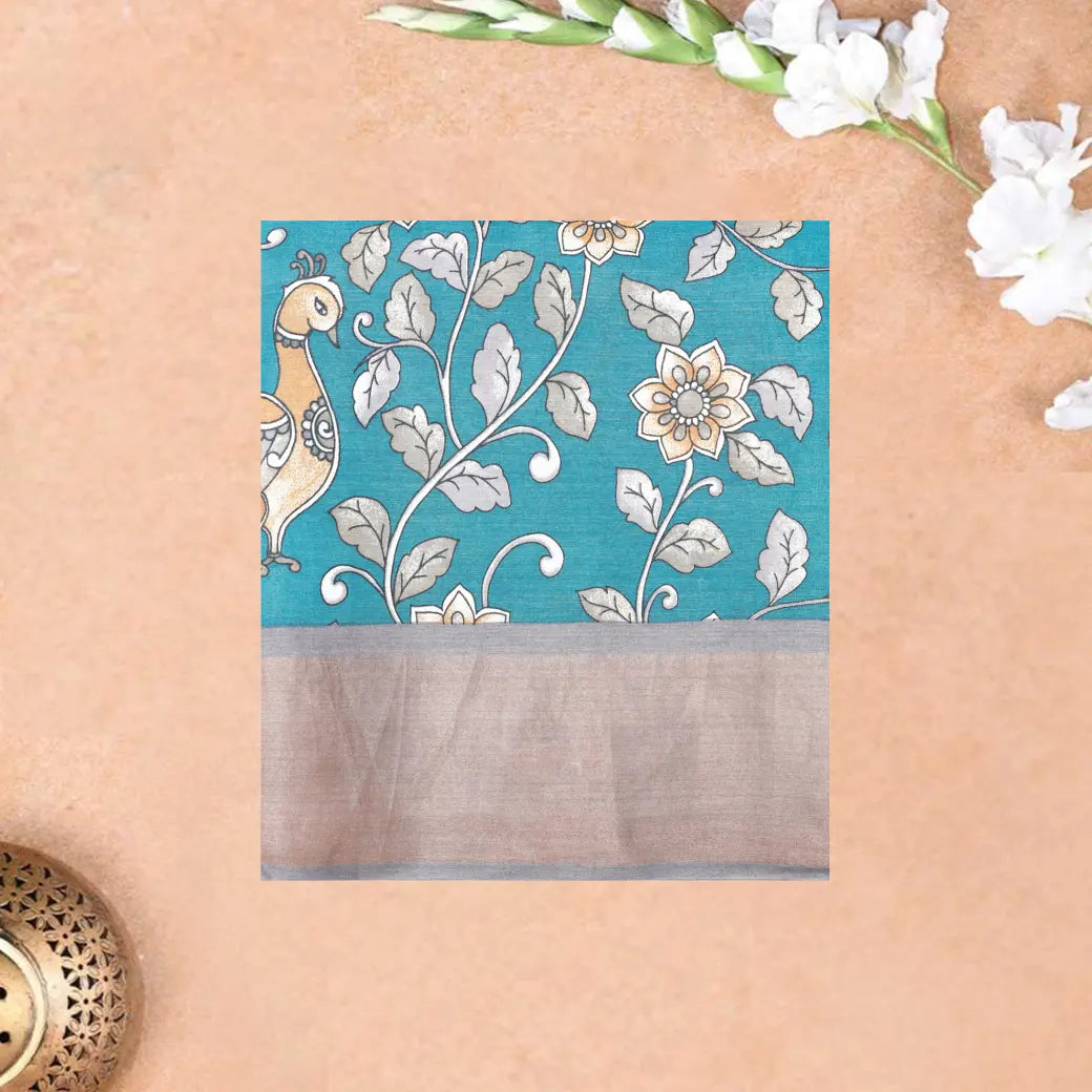 Pure Tussar Silk Saree Teal blue Shade And Gray With Floral Design and Painted Prints and Zari Woven Border