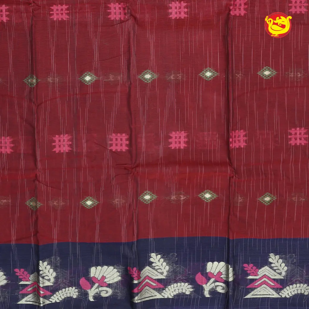 Maroon with Blue Pure Bengal Cotton Saree without Blouse