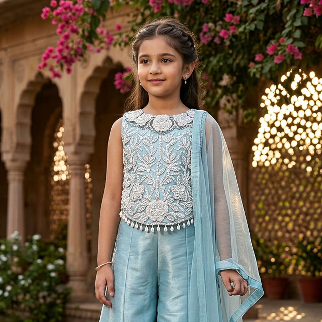 Sky Blue Color Girls Branded Readymade Sharara set