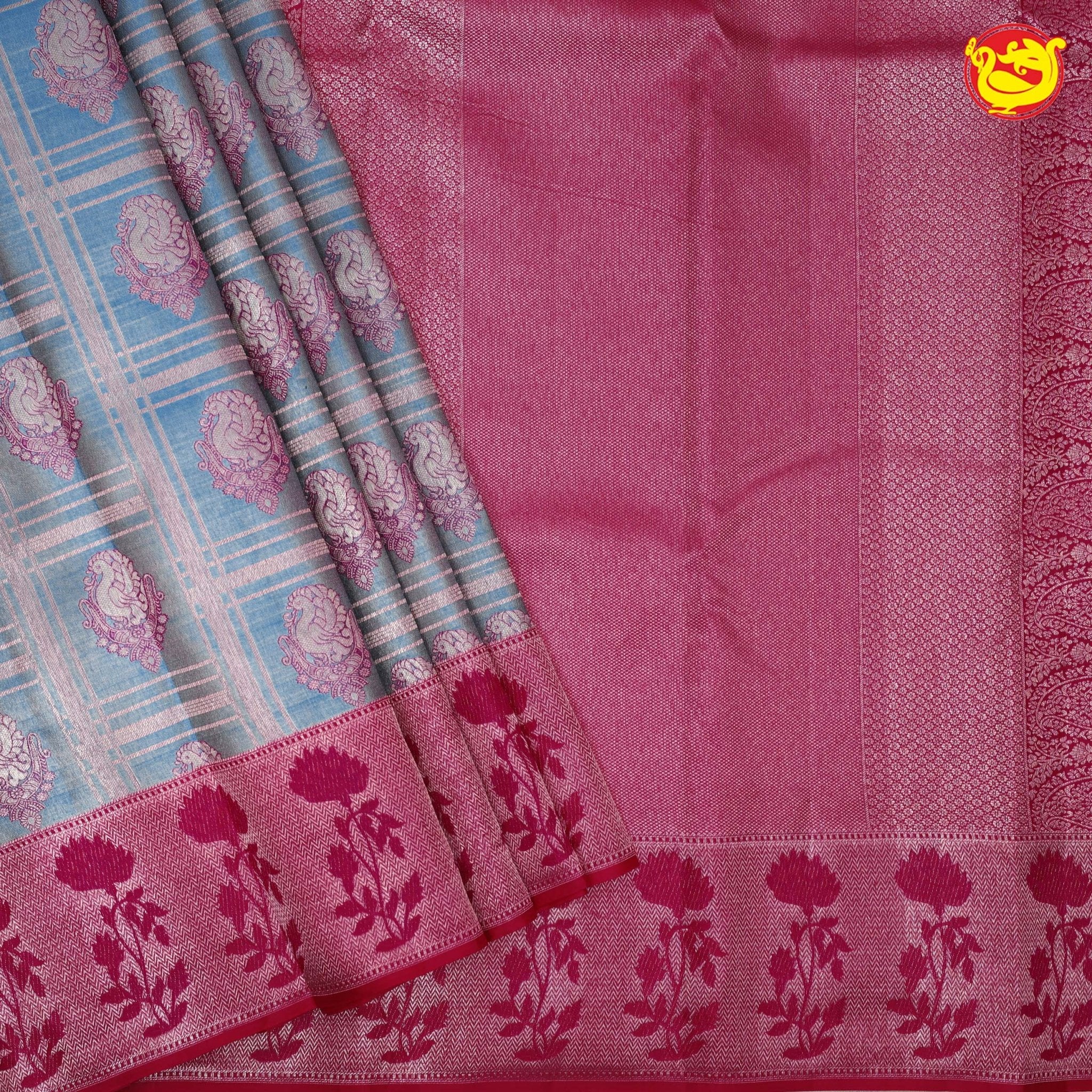 Bluish grey with magenta pure silk wedding saree - Thenianantham