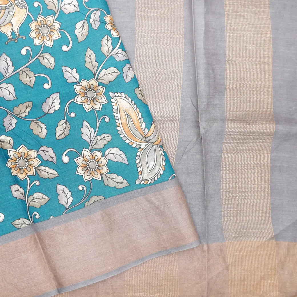 Pure Tussar Silk Saree Teal blue Shade And Gray With Floral Design and Painted Prints and Zari Woven Border