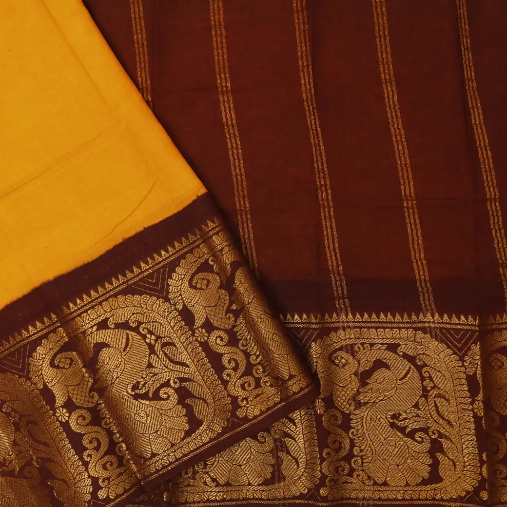 Mustard Yellow with Chocolate Brown Sungudi Cotton Saree without Blouse