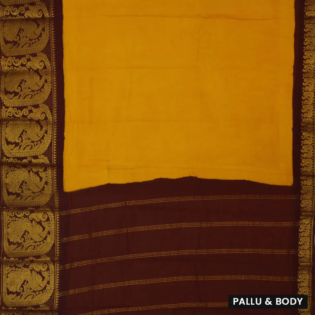 Mustard Yellow with Chocolate Brown Sungudi Cotton Saree without Blouse