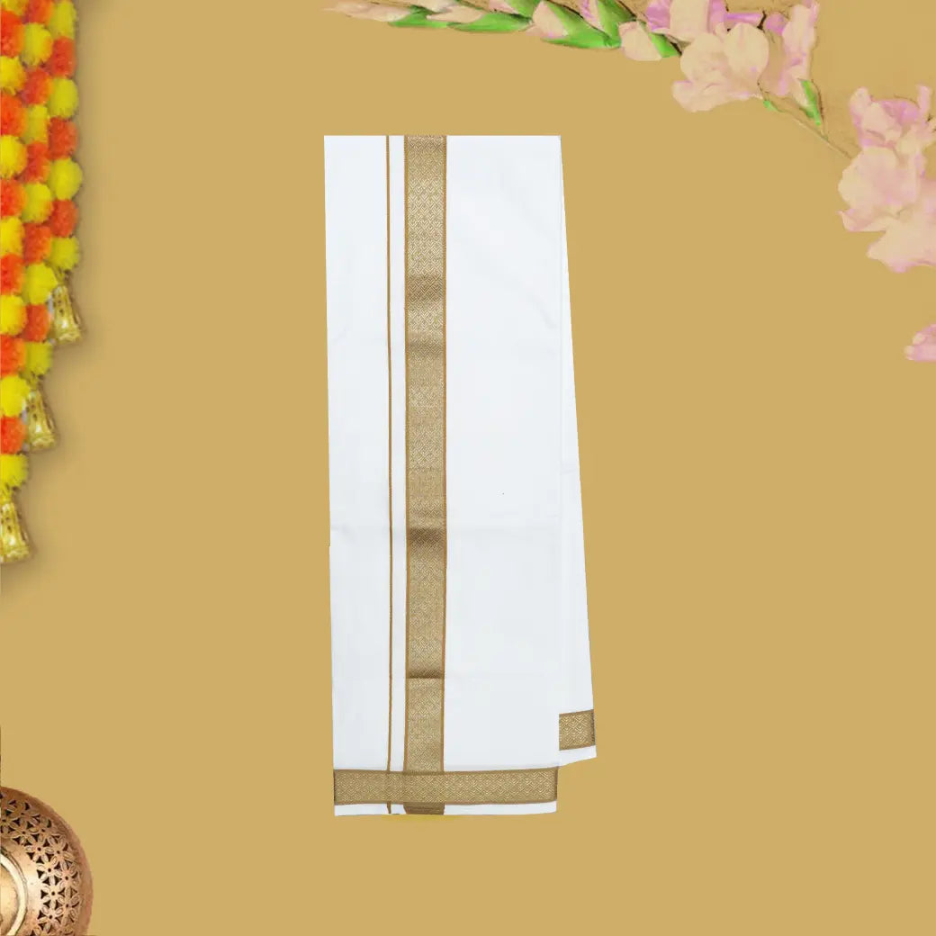Sandel With White Cotton Readymade Shirt and Singel Matching Border Dhoti Set For Men