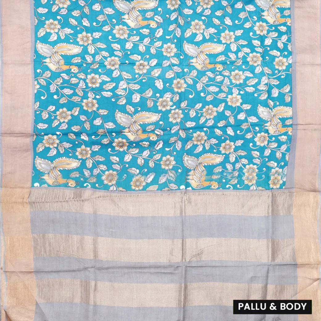 Pure Tussar Silk Saree Teal blue Shade And Gray With Floral Design and Painted Prints and Zari Woven Border