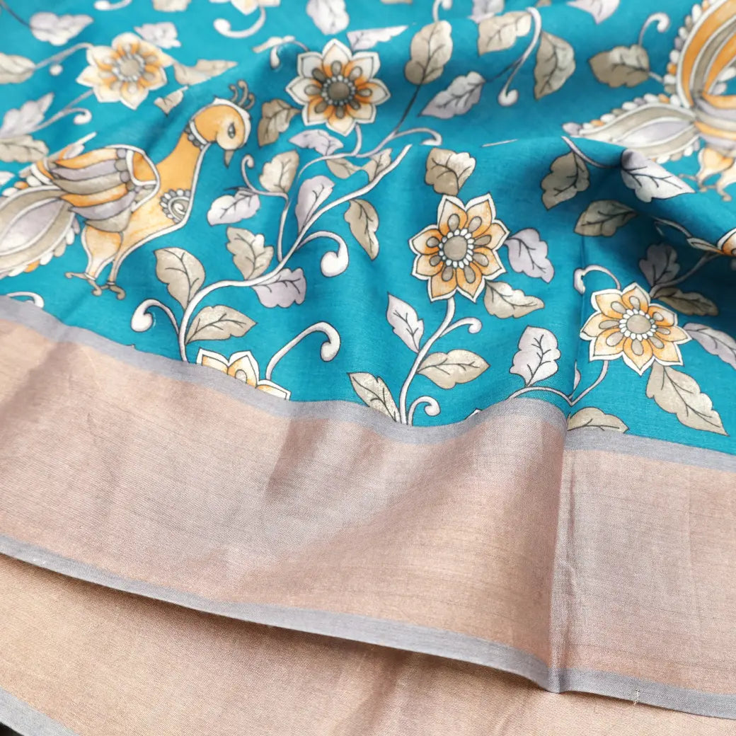 Pure Tussar Silk Saree Teal blue Shade And Gray With Floral Design and Painted Prints and Zari Woven Border