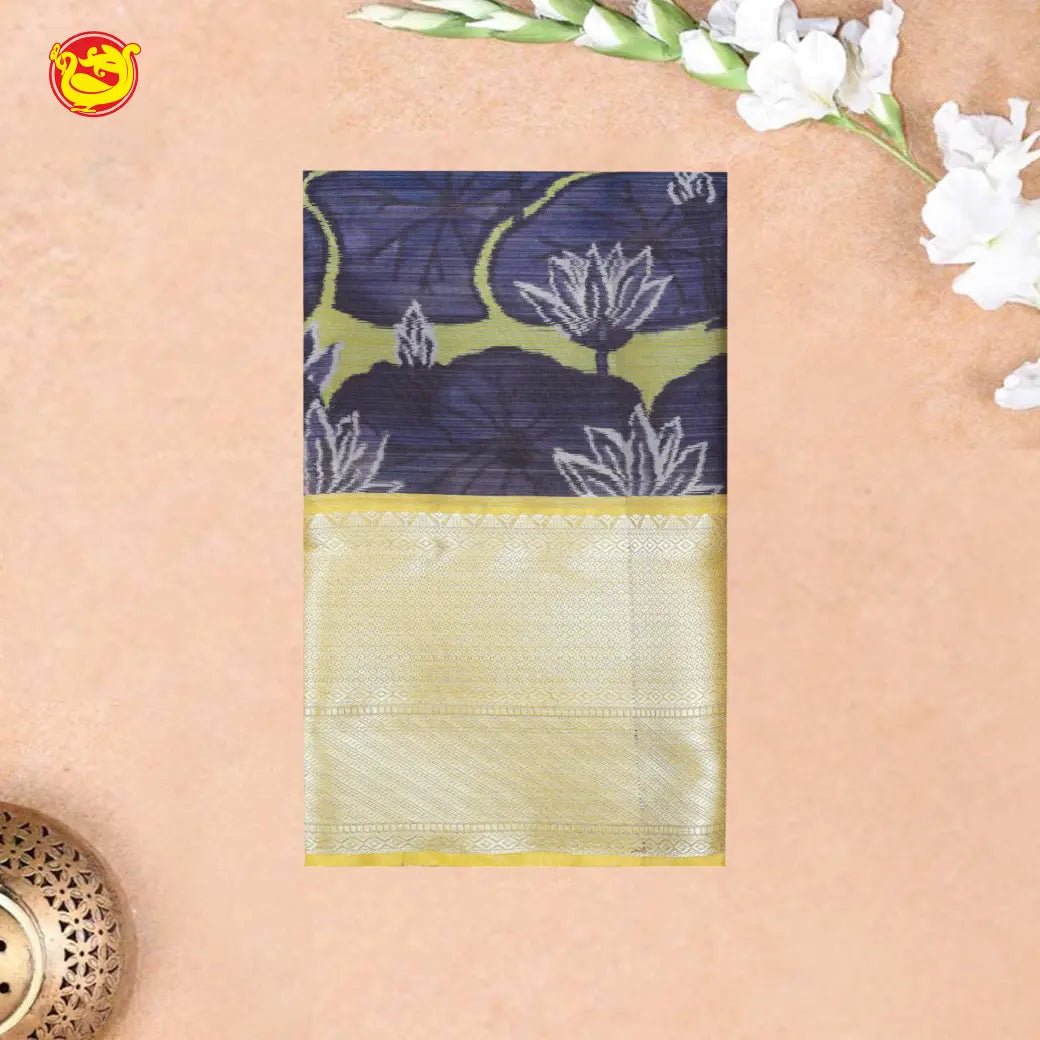 Blue With Leaf Yellow Digital Print Soft Silk Saree - Thenianantham