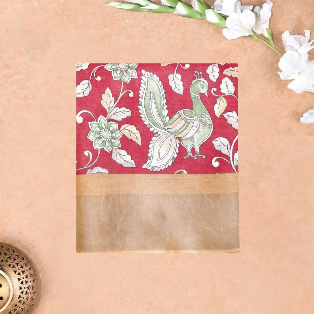 Pure Tussar Silk Saree Red Shade And Golden Yellow With Floral Design and Painted Prints and Zari Woven Border