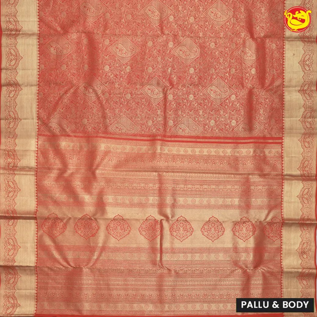 Bright red pure kanjivaram silk saree - Thenianantham