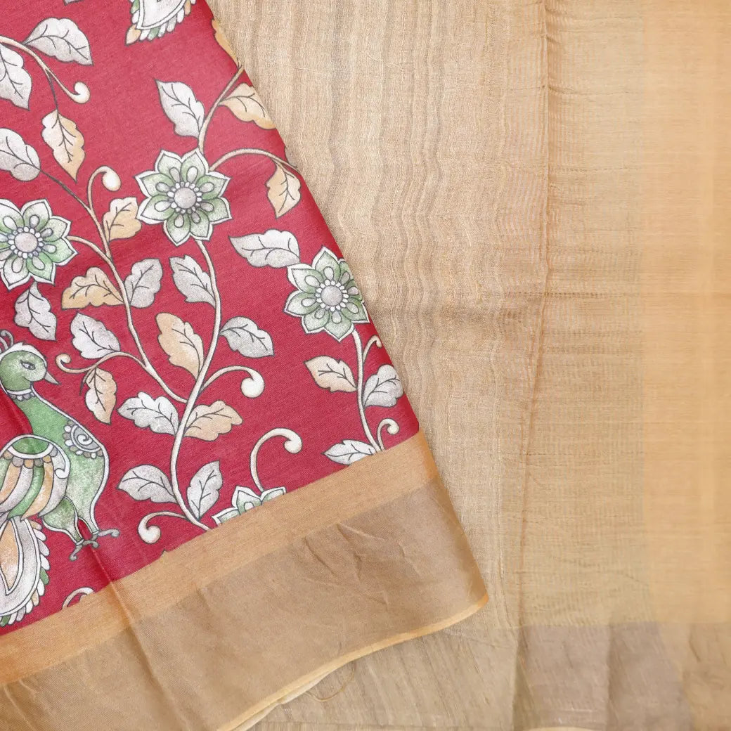 Pure Tussar Silk Saree Red Shade And Golden Yellow With Floral Design and Painted Prints and Zari Woven Border