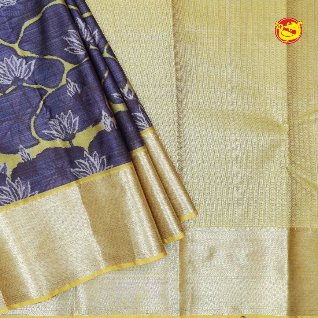 Blue With Leaf Yellow Digital Print Soft Silk Saree - Thenianantham