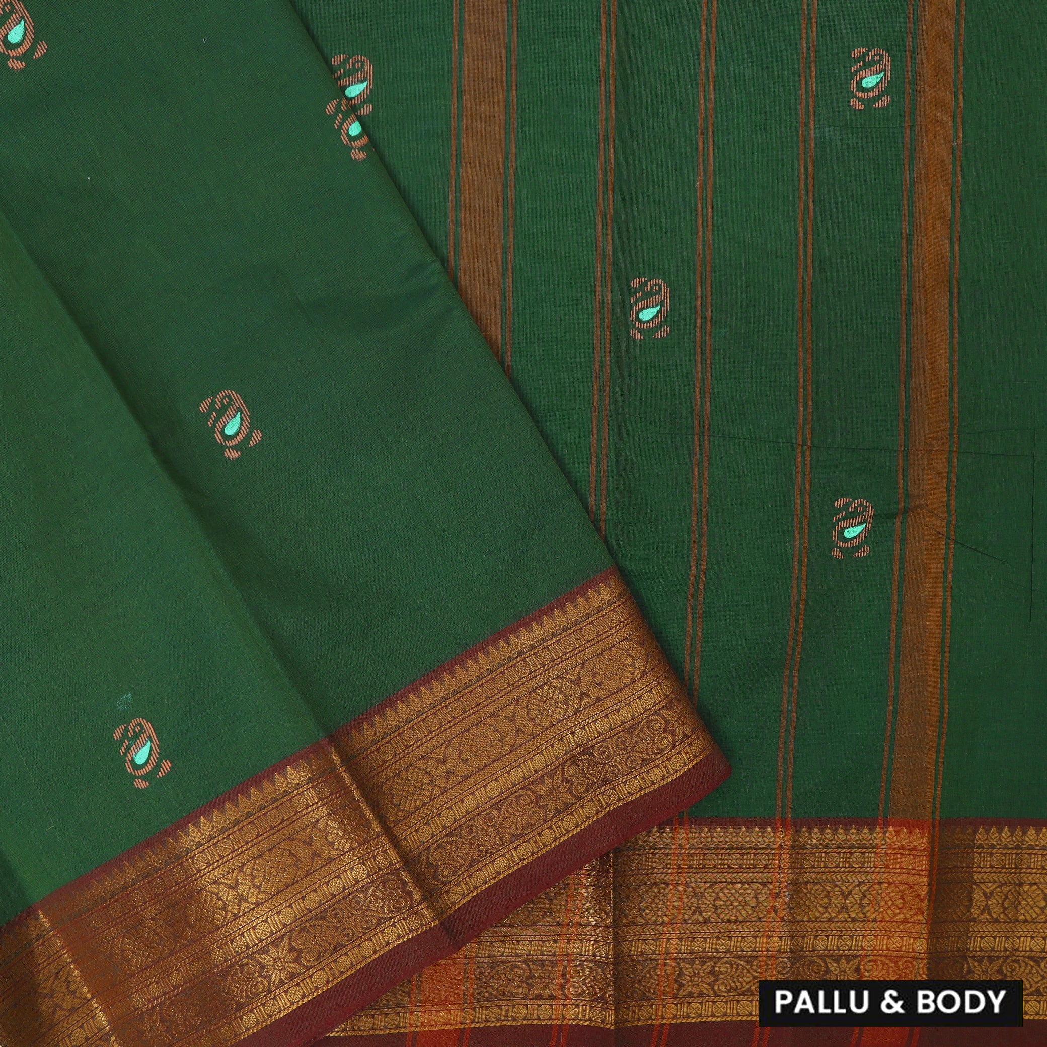 Dark Green With Maroon Pure Cotton Saree without Blous