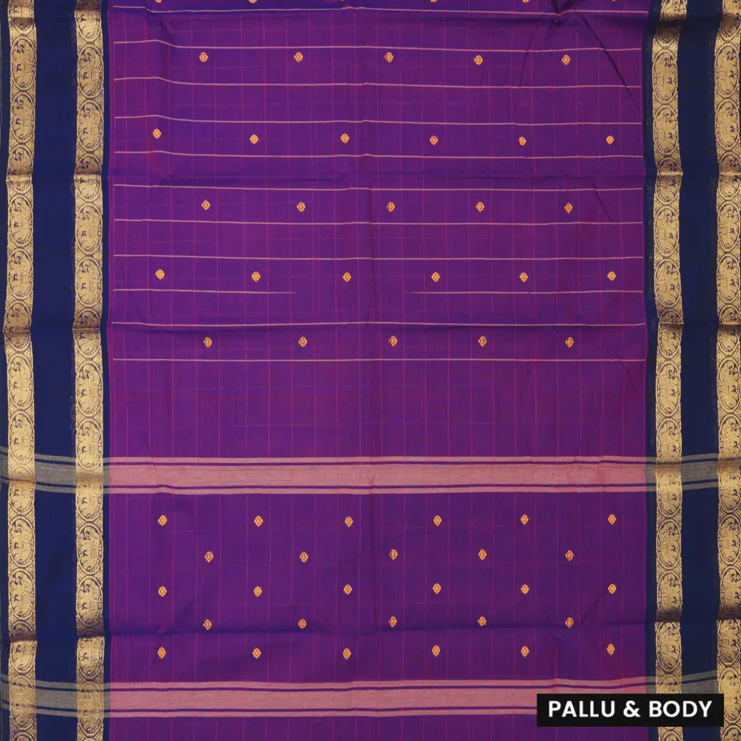 Purple with Navy Blue Striped Pattern Pure Chettinad Cotton Saree without Blouse