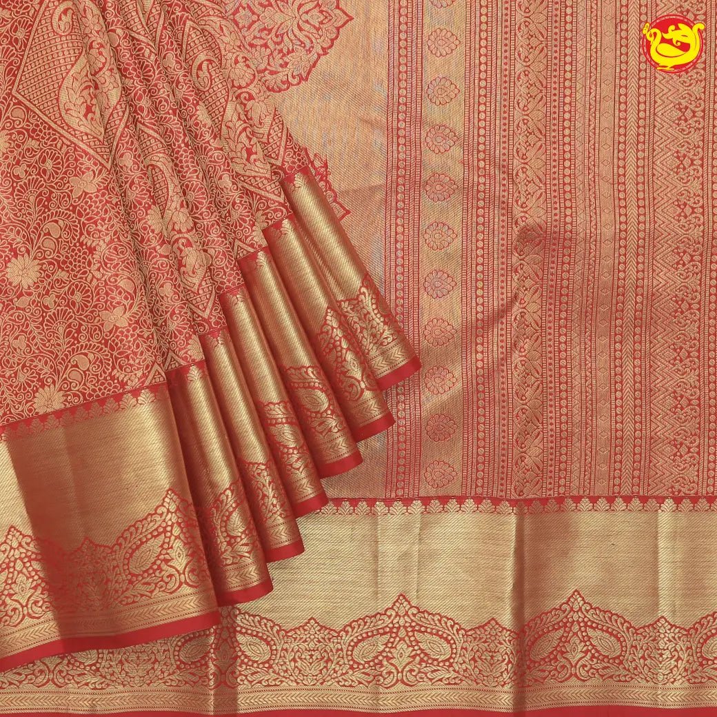 Bright red pure kanjivaram silk saree - Thenianantham