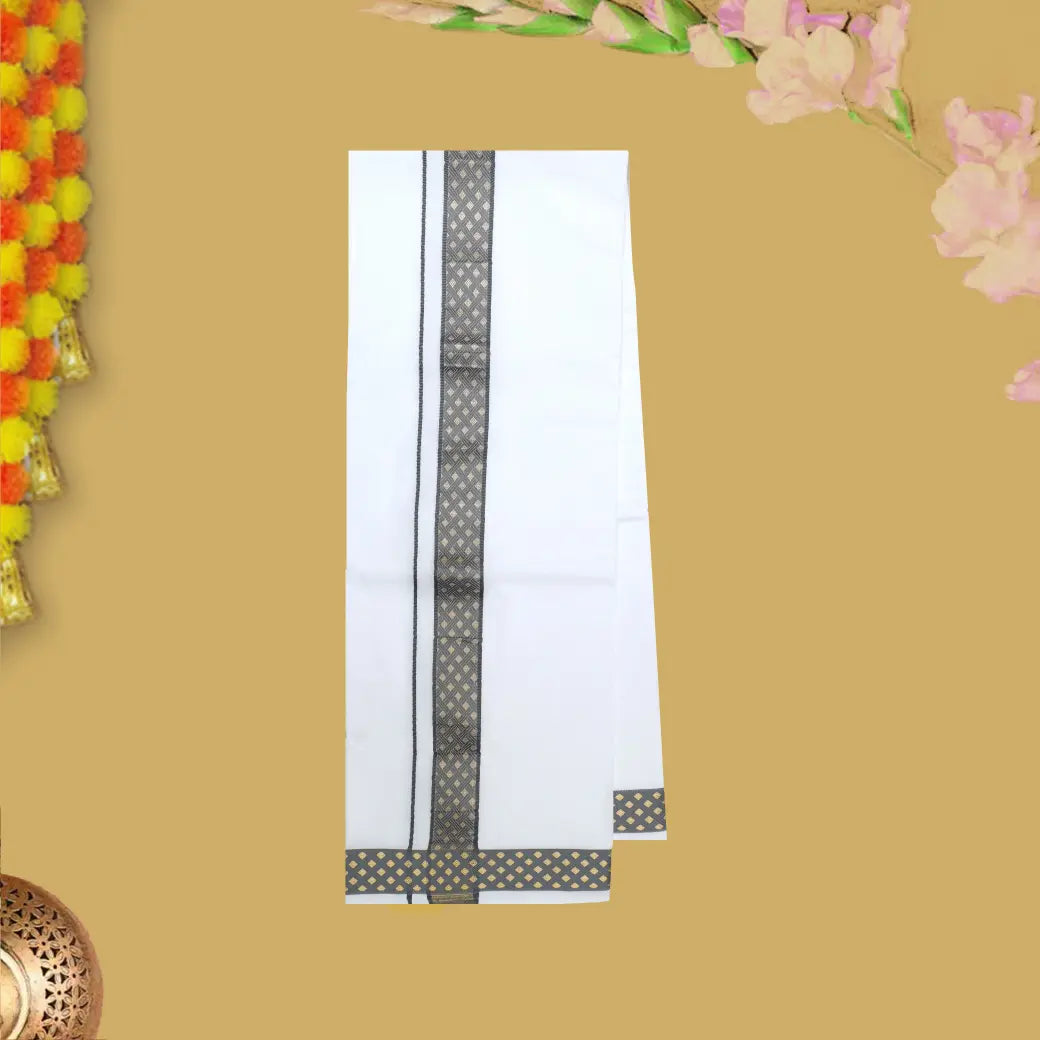Grey With White Cotton Readymade Shirt and Singel Matching Border Dhoti Set For Men