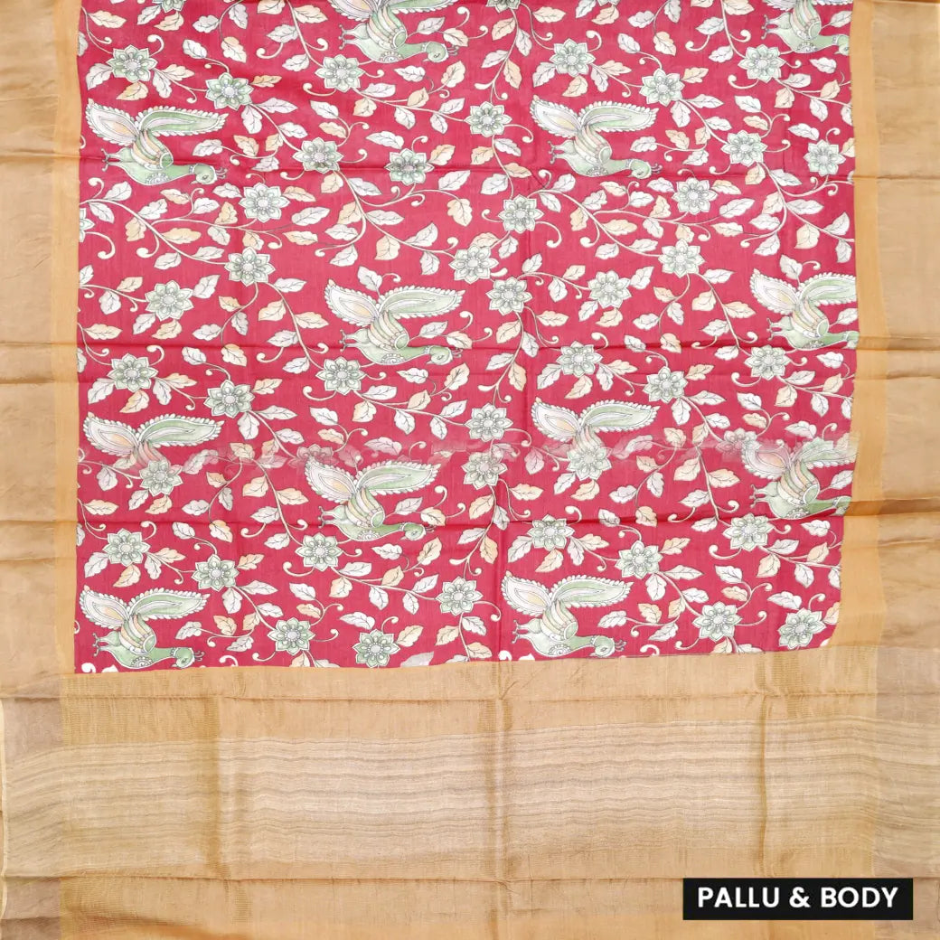Pure Tussar Silk Saree Red Shade And Golden Yellow With Floral Design and Painted Prints and Zari Woven Border