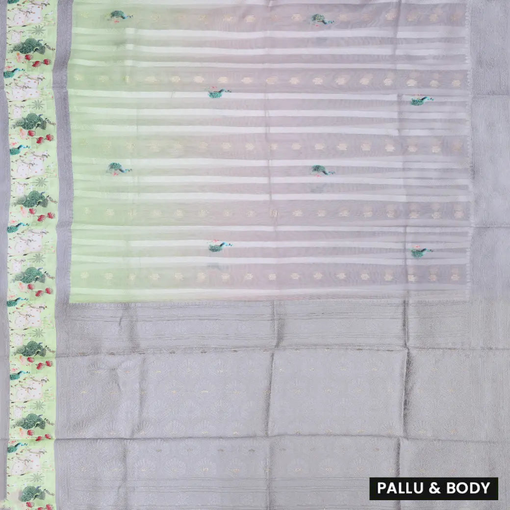 LIGHT GREEN WITH GREY Semi Burberry Silk Saree