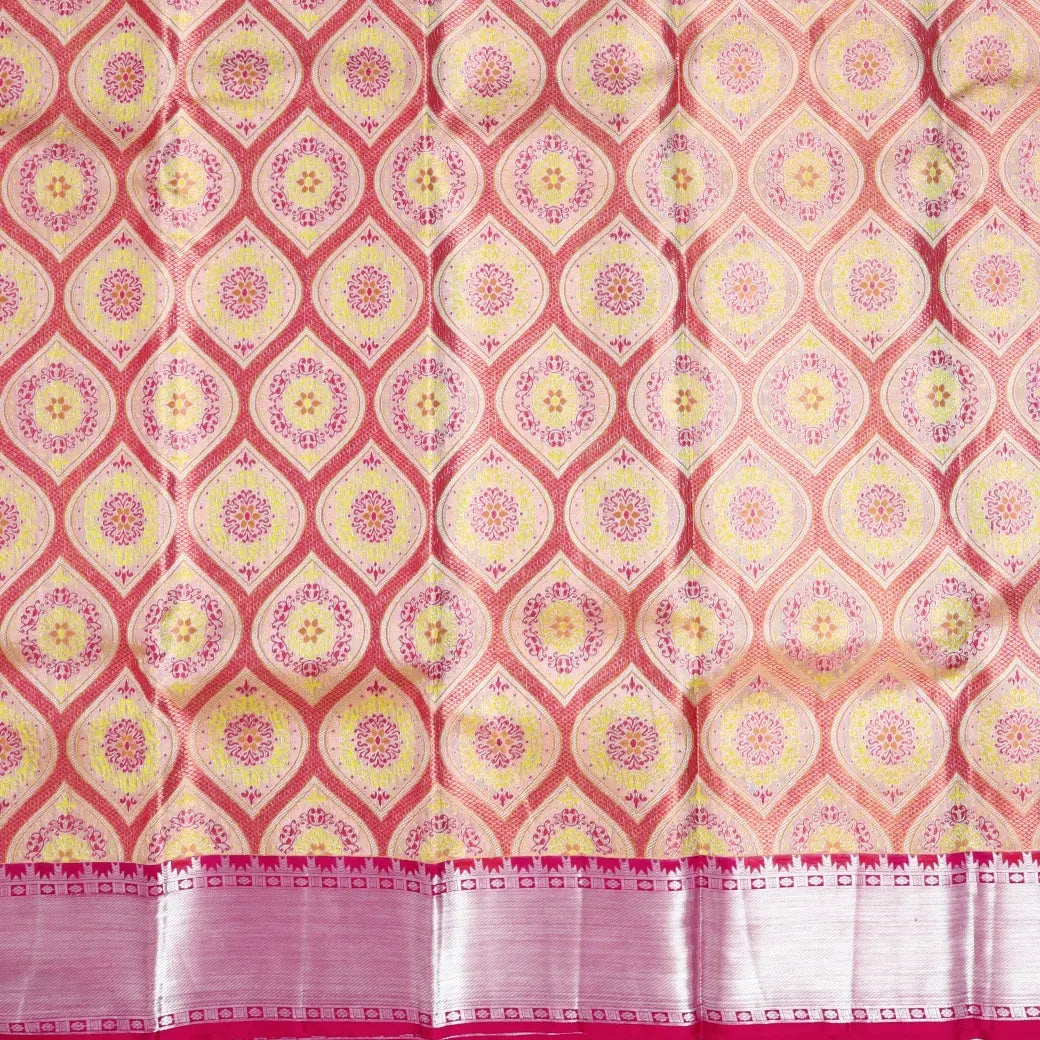 Cream,light yellow & gold with Pink pure Kanchipuram silk saree