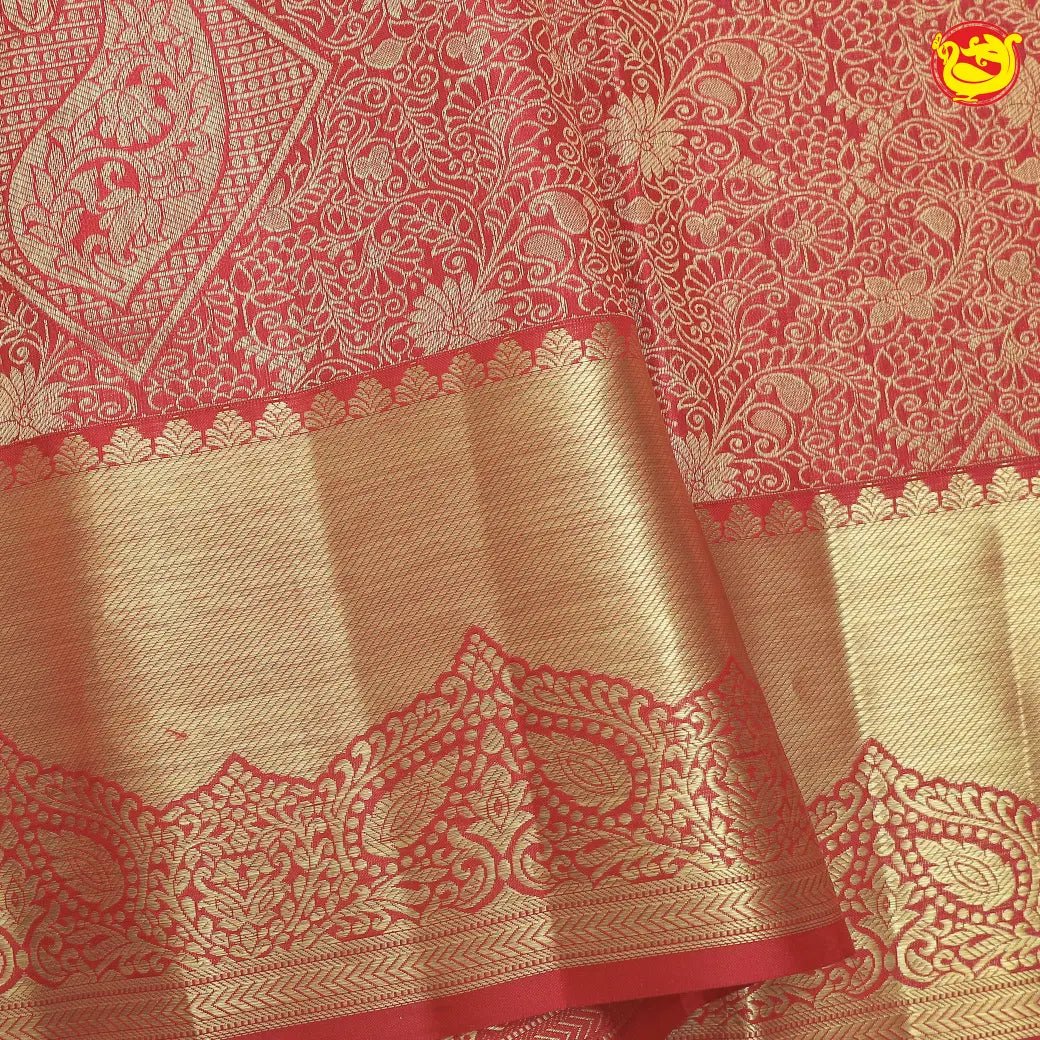Bright red pure kanjivaram silk saree - Thenianantham