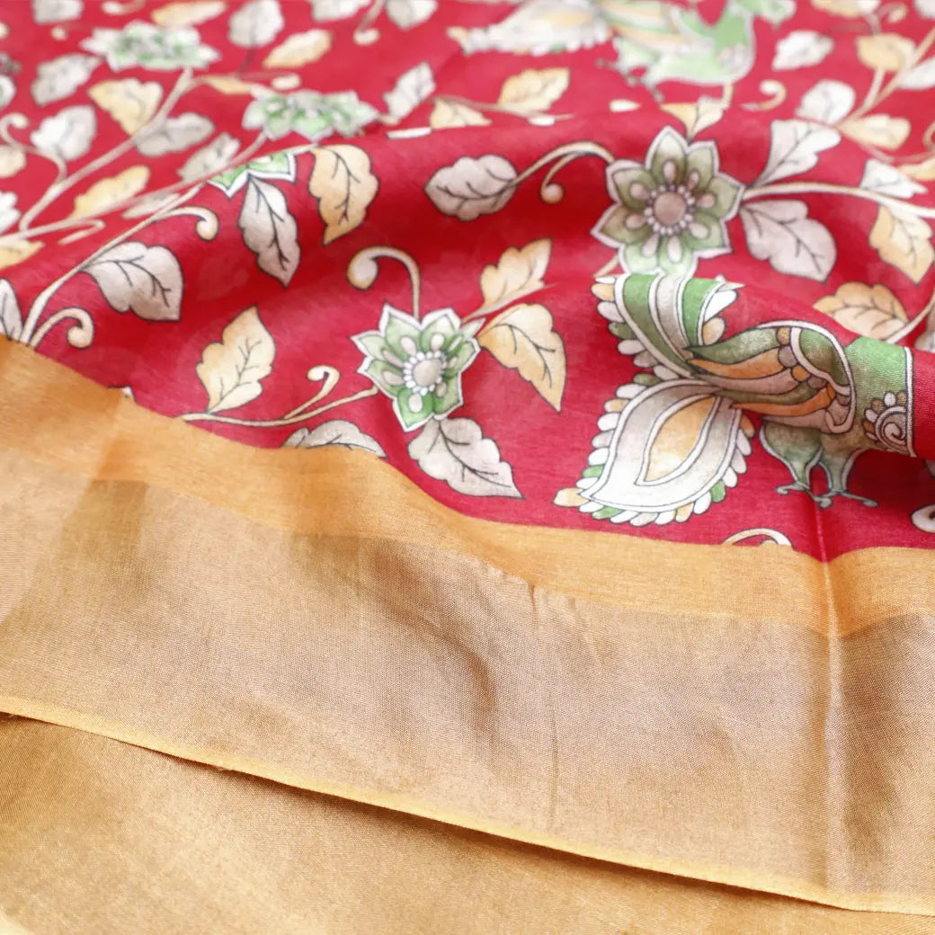 Pure Tussar Silk Saree Red Shade And Golden Yellow With Floral Design and Painted Prints and Zari Woven Border