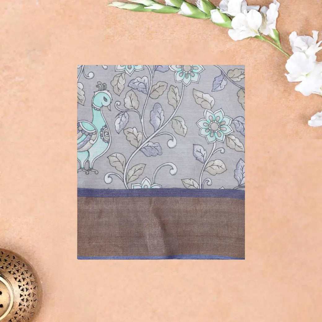 Pure Tussar Silk Saree Gray Shade And Dark Blue With Floral Design and Painted Prints and Zari Woven Border