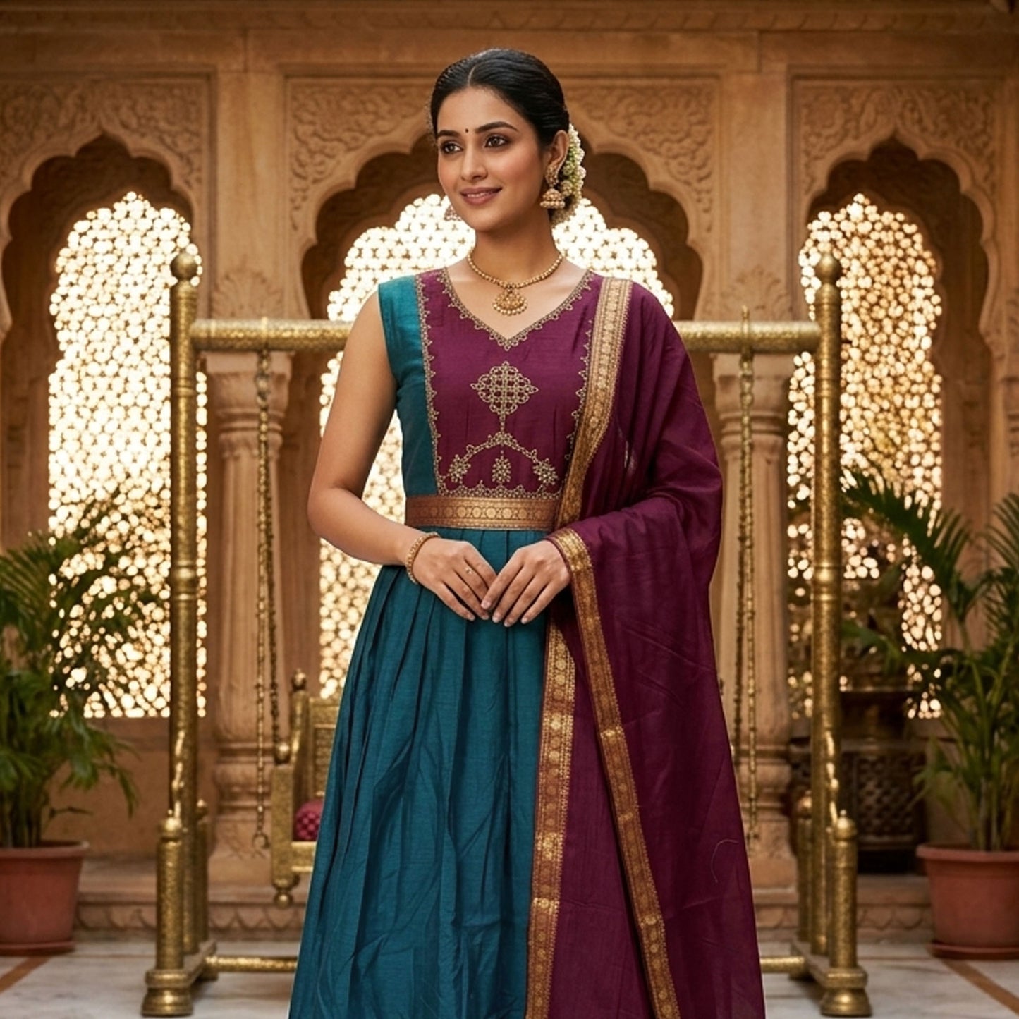 Peacock Blue With Maroon Trendy Ladies Ethnic Gowns