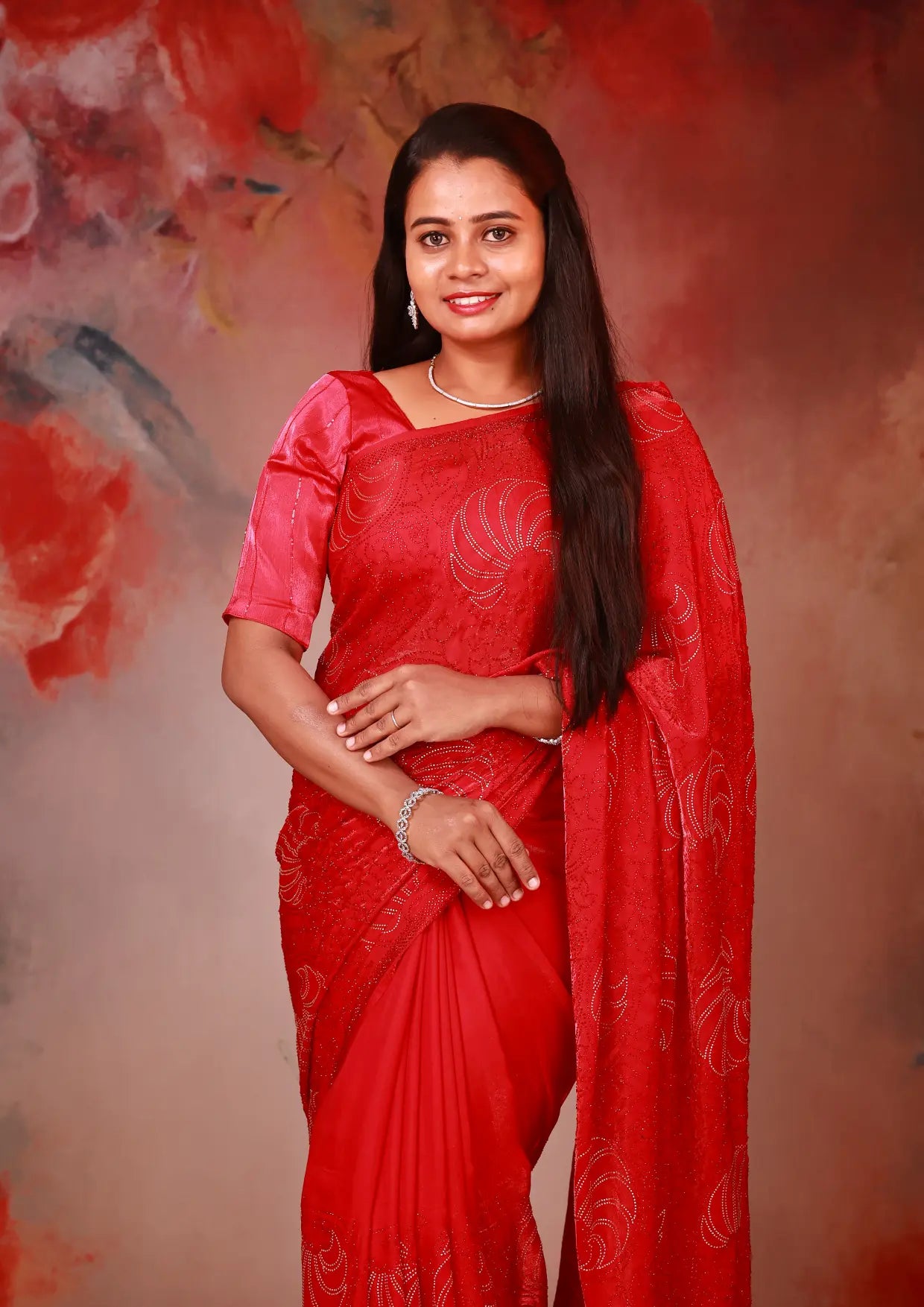 Red colour Satin Stone Work Sarees