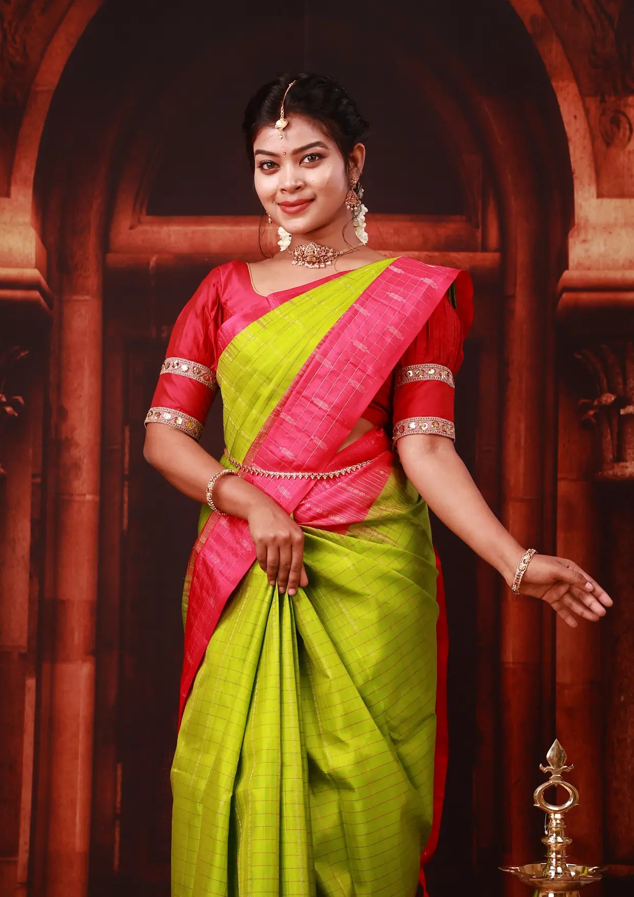 Green With Hot Pink Copper Zari Border Yuvana Semi Soft Silk Saree