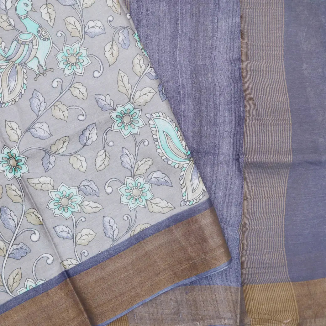 Pure Tussar Silk Saree Gray Shade And Dark Blue With Floral Design and Painted Prints and Zari Woven Border
