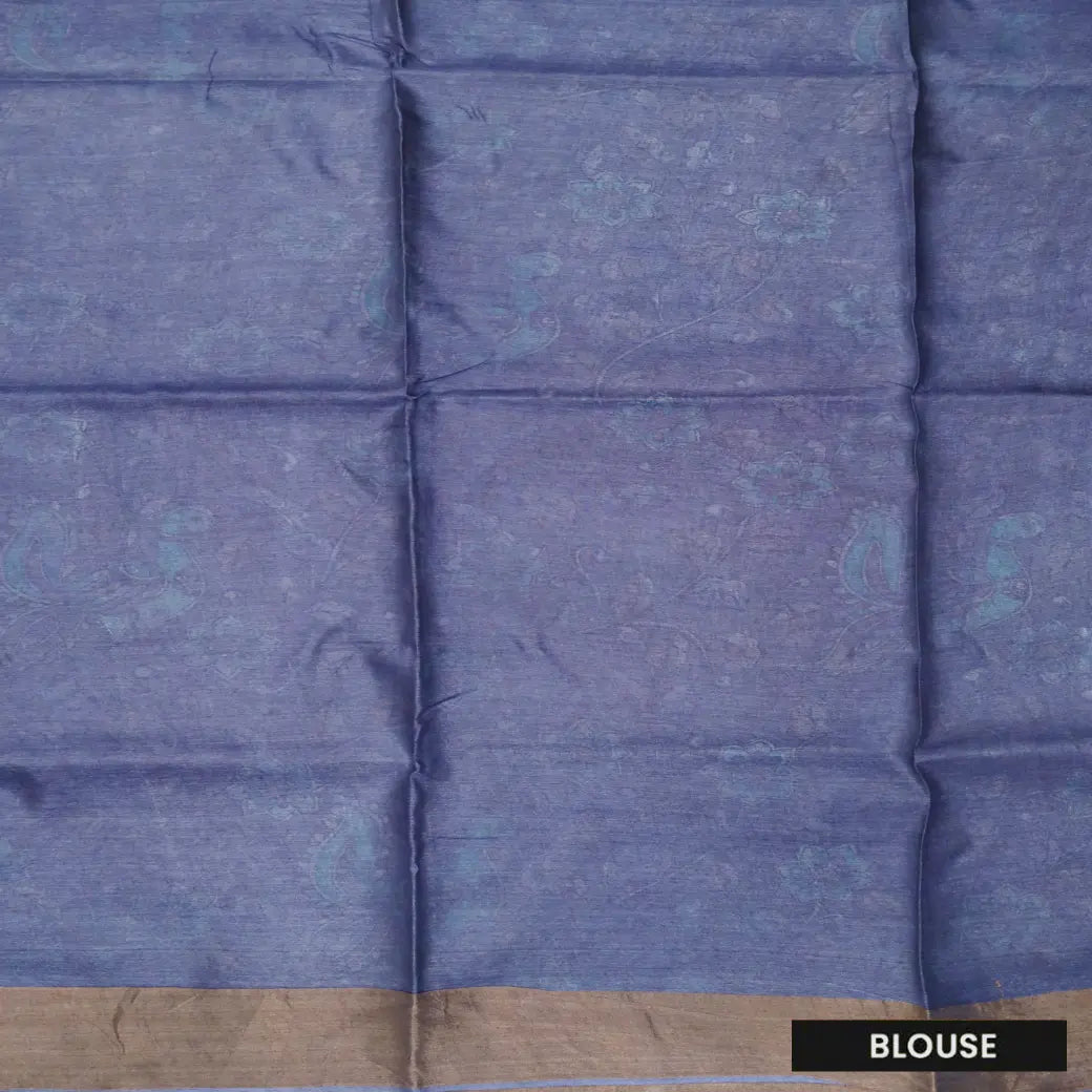Pure Tussar Silk Saree Gray Shade And Dark Blue With Floral Design and Painted Prints and Zari Woven Border